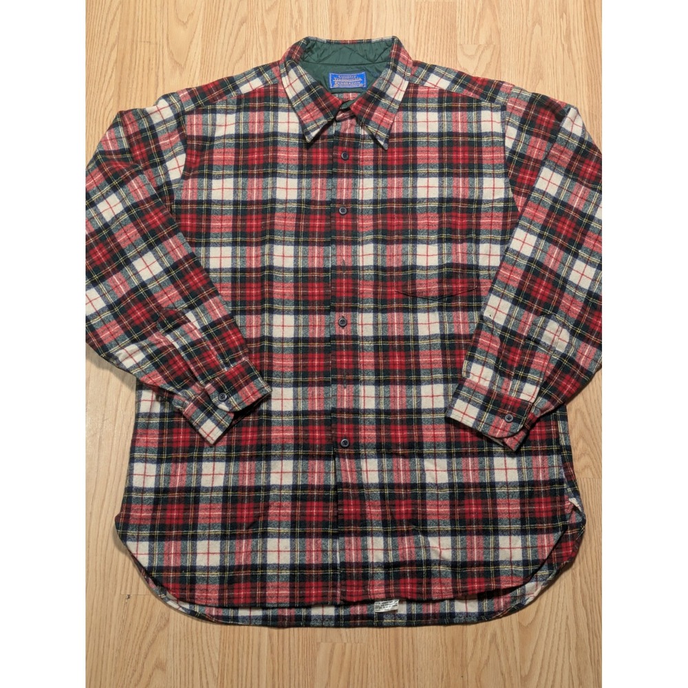 Pendleton Mens Vintage Plaid Flannel Wool Shirt Red White Blue XL